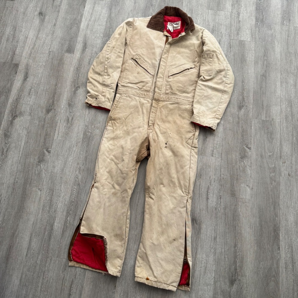 Vtg Walls Blizzard-Pruf Insulated Coveralls Tan Duck Canvas Overalls Med Short